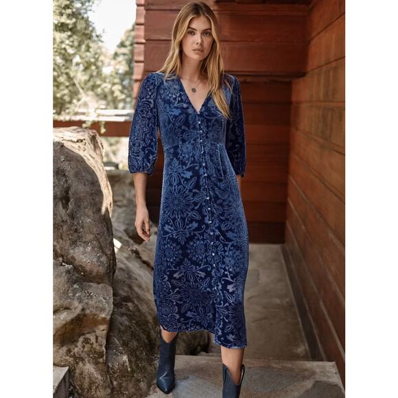 Johnny Was Jade Ryan Velvet Midi Dress Bohemian Navy Blue Petite XS Long Sleeve - Picture 1 of 9